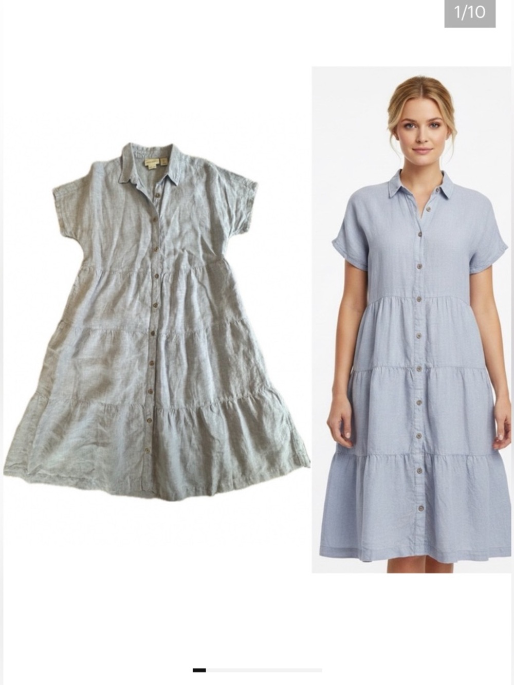 CYNTHIA ROWLEY 100% Linen Tiered Short Sleeve Midi Shirt Dress blue S